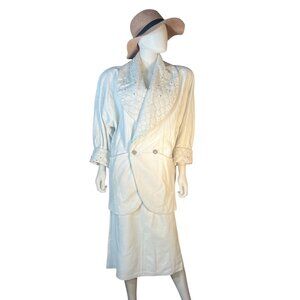 vtg 80's Modello snake skin embellished white lambs leather skirt suit sz 36/38